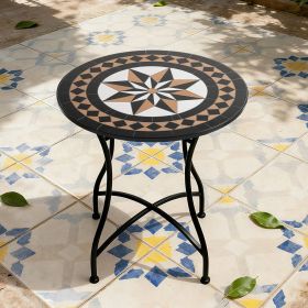 Round 24-inch Black Tan Mosaic Tile Star Pattern Bistro Table with Metal Legs