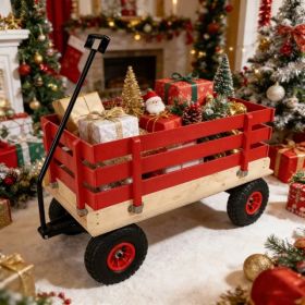 Red Wooden Wagon Cart With Folding Handle, Heavy Duty All-Terrain For Outdoor, Garden - Classic Pull-Along Utility (Option: Defaulttitle)