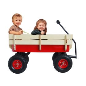 Outdoor Wagon Tools Cart Wooden Side Panels Air Tires Wagon - Red (Option: Defaulttitle)
