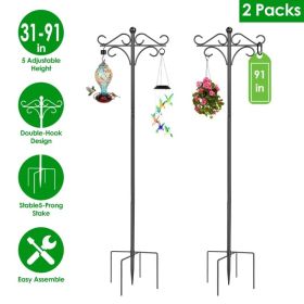 76in&91in Options -- 2 Packs Heavy Duty Double Shepherds Hook Bird Feeder Pole Garden Hanging Holder With Adjustable Height 5 Prong Base For Bird (Option: 2Pcs92in)